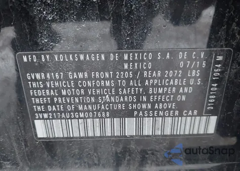 2016 Volkswagen Golf Tsi S 4-Door из США, поврежденный, VIN 3VW217AU3GM007688